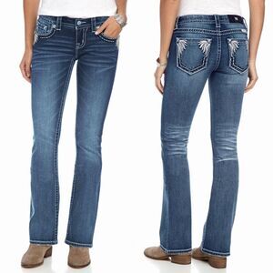 New! MISS ME Women's Feather Pocket Bootcut Jeans Blue Denim Size 28 Inseam 34